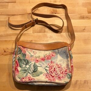 Ralph Lauren Floral Canvas Crossbody Bag with Tan Leather Trim